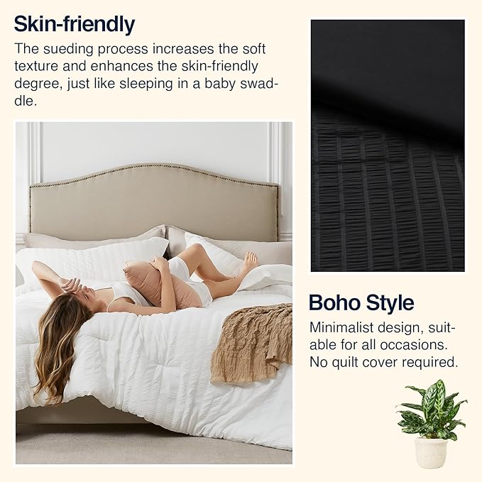 Black Oversized Queen Comforter Set - 3 Pieces Seersucker Lightweight Bedding Comforter Sets (1 Soft Fluffy Comforter & 2 Pillowcases) - All Seasons Cozy Luxury Bed Sets for Women Men