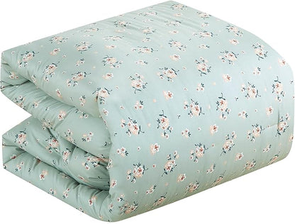 Chezmoi Collection Thistle 2-Piece Tranquil Floral Comforter Set Twin - Soft Green White Floral Printed Microfiber Lightweight Bedding Set for All Season