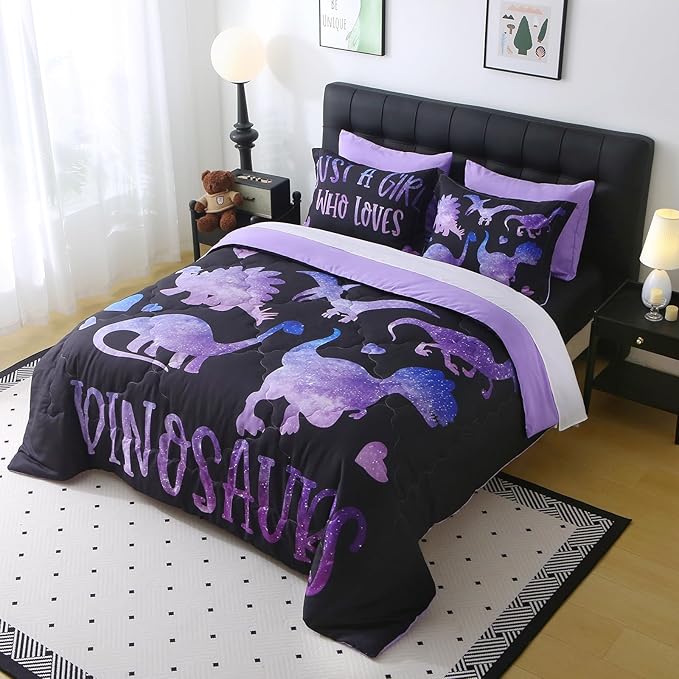7 Piece Girls Dinosaur Comforter Set Full Size Violet Dinonsaur Soft Microfiber Bed in A Bag with Comforter,Sheet Set,Pillowcase and Sham for Child Teens All Season