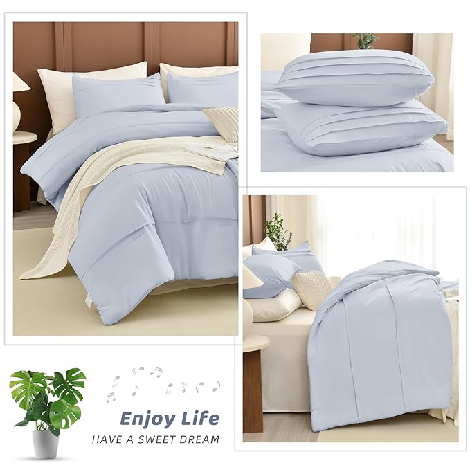 Sanracie Cotton King Comforter Set(106"x 95"),3Pcs Soft Lightweight Pinch Pleated Bedding Set,Cornflower Blue Colored Shabby Boho Chic Aesthetic Bedroom Sets
