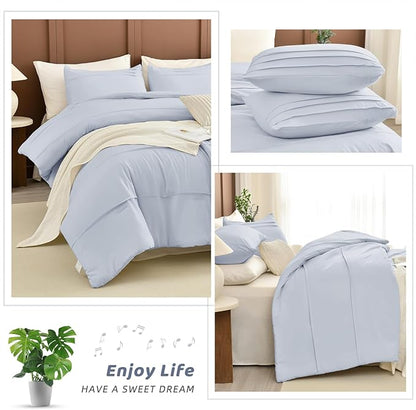Sanracie Cotton King Comforter Set(106"x 95"),3Pcs Soft Lightweight Pinch Pleated Bedding Set,Cornflower Blue Colored Shabby Boho Chic Aesthetic Bedroom Sets