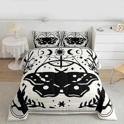 Erosebridal Gothic Moth Comforter Set Toddler, Halloween Moth Bedding Set, Goth Comforter, Sun and Moon Quilt for Kids Boys Girls Teens Terror Halloween Decor, Lightweight