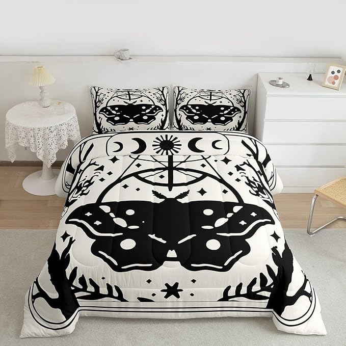 Erosebridal Gothic Moth Comforter Set Queen, Halloween Moth Bedding Set, Goth Comforter, Sun and Moon Quilt for Kids Boys Girls Teens Terror Halloween Decor, Lightweight
