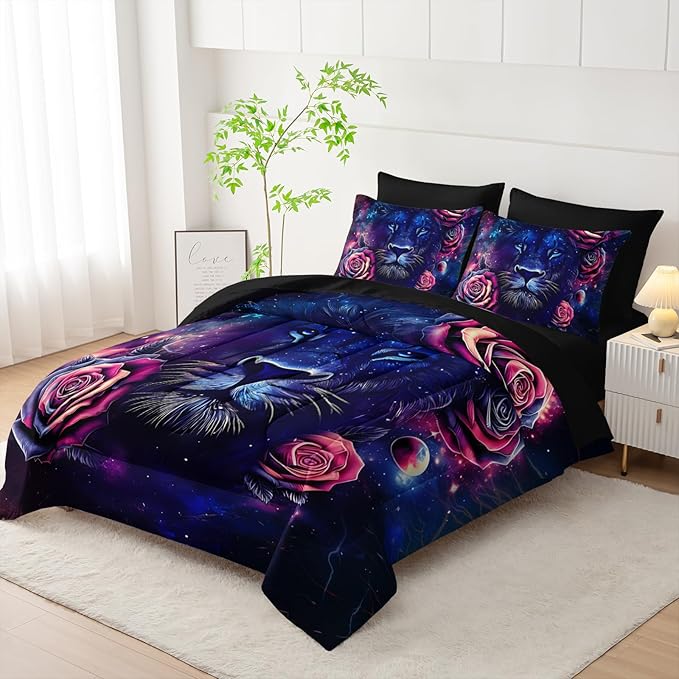 7 Pieces Lion Comforter Set Full，Rose Bedding Set Full,Animal Bedroom Decor (1 Comforter, 1 Flat Sheet, 1 Fitted Sheet, 2 Pillowcase and 2 Pillow Sham)