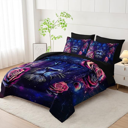 7 Pieces Lion Comforter Set Full，Rose Bedding Set Full,Animal Bedroom Decor (1 Comforter, 1 Flat Sheet, 1 Fitted Sheet, 2 Pillowcase and 2 Pillow Sham)