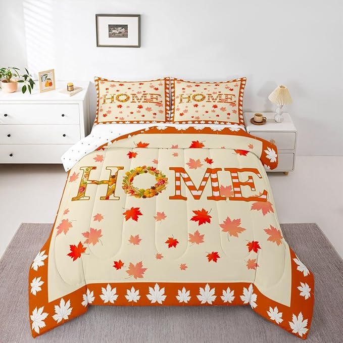 Fall Decor For Bedroom,Maple Leaf Pumpkin Wreaths Comforter Set King Fall Thanksgiving Quilt Bedding Sets For Home,Rustic Farmhouse Comforter Soft Lightweight For All Season Orange 2 Pillow Cases