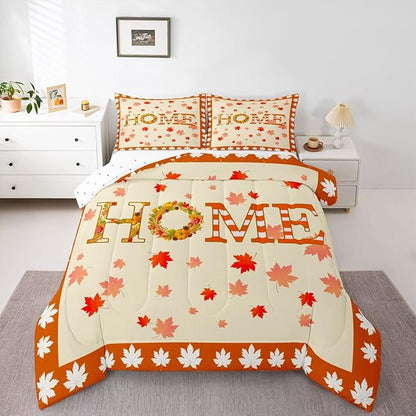 Fall Decor For Bedroom,Maple Leaf Pumpkin Wreaths Comforter Set King Fall Thanksgiving Quilt Bedding Sets For Home,Rustic Farmhouse Comforter Soft Lightweight For All Season Orange 2 Pillow Cases