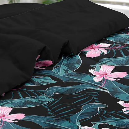 Comforter Set Queen Size, Summer Palm Leaf Banana 7 Pcs Bedding for Kids and Adults, Hibiscus Flower Bed Sheet Sets with Fitted Sheet 2 Pillowcases & 2 Shams for Bedroom Bed Decor