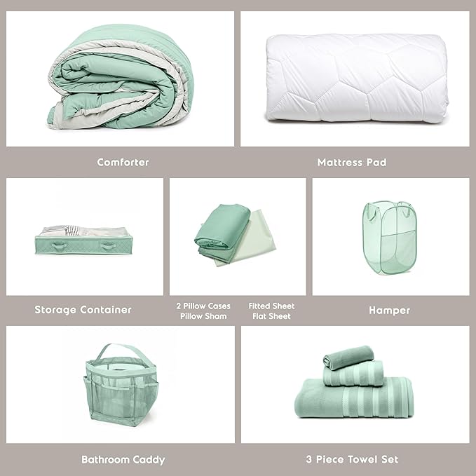 Hearth & Harbor Complete Dorm Room Set, Twin XL Comforter Set, Sheet Set, Mattress Protector, Towels and Organizers - All Dorm Accessories Included