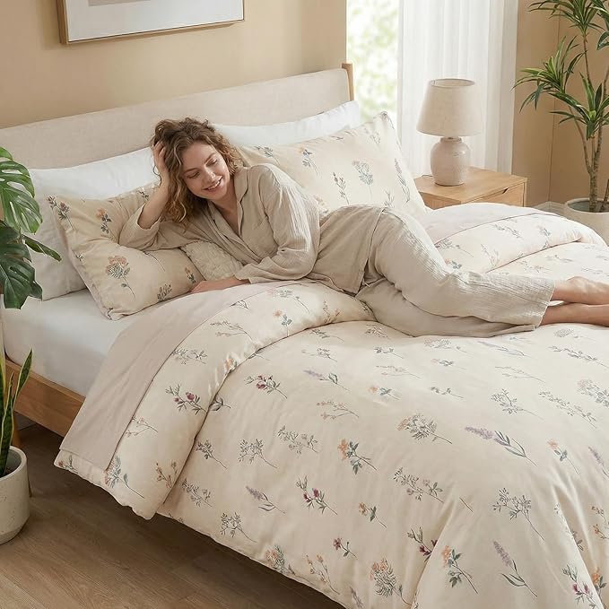 100% Cotton Comforter Set King Size Cute Floral Bedding Comforter Sets 3 Pieces Chic Garden Printed Comforter Sets Breathable Soft Reversible Botanical Comforter(Floral, King)