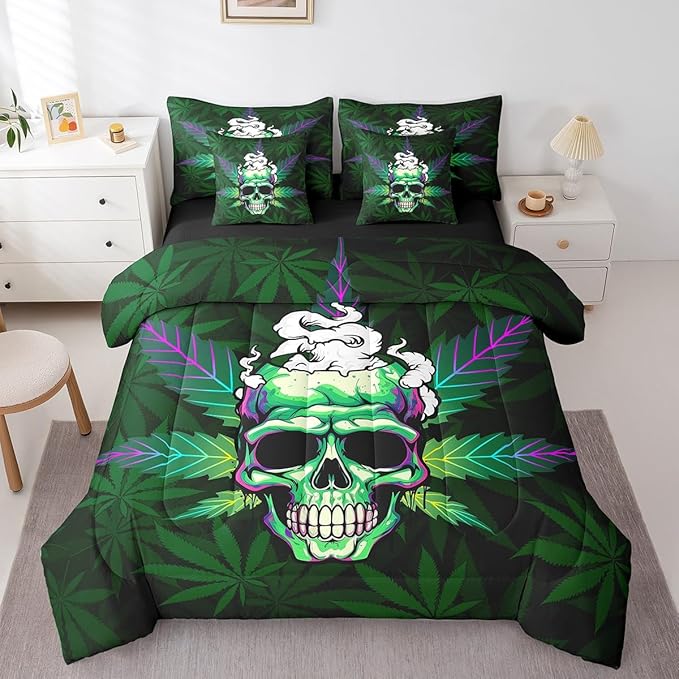 Erosebridal Leaves 7 Pcs Comforter Set Green,Sugar Skull Bed in a Bag with Flat Sheet and Fitted Sheet,Leaves Bedding Set with Pillowcase & Sham,Halloween Top Sheet,Full