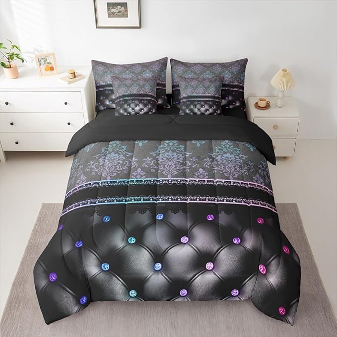 Rainbow Damask Full Size Bed Sheets and Comforter Set | Antique Decor Gothic Vintage Floral 7 Piece Bedding Set Luxury Gradient Diamond Texture Pattern Bohemian Bed in a Bag, Boho Baroque Room Decor