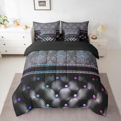Rainbow Damask Full Size Bed Sheets and Comforter Set | Antique Decor Gothic Vintage Floral 7 Piece Bedding Set Luxury Gradient Diamond Texture Pattern Bohemian Bed in a Bag, Boho Baroque Room Decor