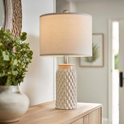 20.5" Set of 2 Bedside Table Lamps Modern Cream Honeycomb Ceramic - Linen Shade, E26 Knob Switch for Living Room, Bedroom & Nightstand