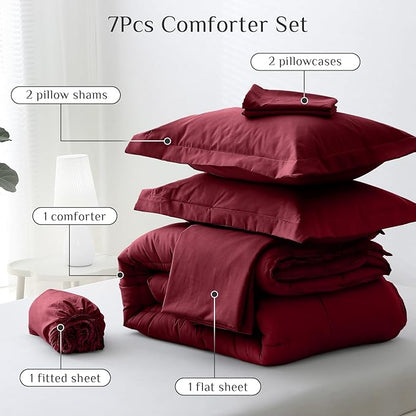 JOLLYVOGUE California King Comforter Set, Ultra-Soft Bed in a Bag Cal King Size 7 Pieces, Oeko-TEX Certified Bedding Set with Down Alternative Comforter, Sheets, Pillowcases & Shams, Burgundy