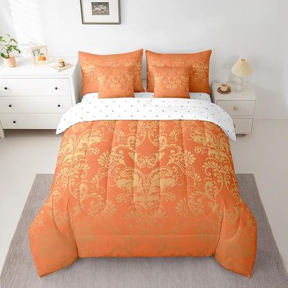 Erosebridal Gothic Damask Bed in a Bag King Size Comforter Set 7 Pieces,Butterfly Skull Bedding Sets Orange and Yellow Victorian Floral Goth Sheet Set with Comforter
