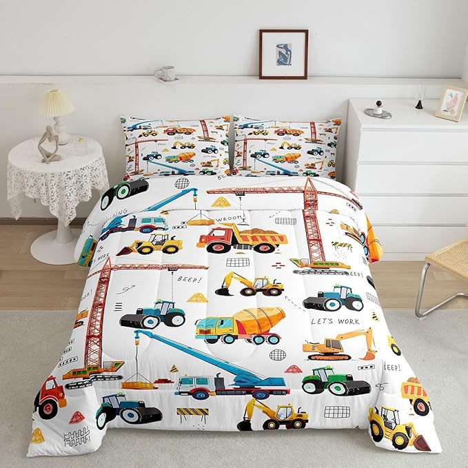 Construction Bedding Set Kids Cartoon Car Comforter Set Equipment Trucks Excavators Down Comforter King Bedroom Decor Vehicle Construction Site Car Duvet Insert With 2 Pillow Cases, Yellow White