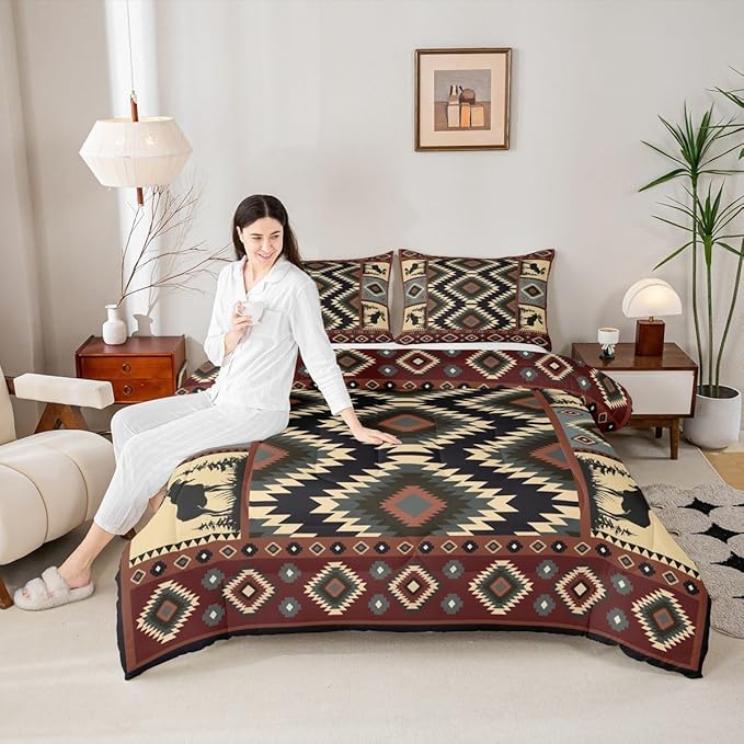 Erosebridal Buffalo Southwest Rustic Queen Comforter Set,Country Farmhouse Aztec Bedding Set for Teens Adult,Tribal Deer Comforter Wildlife Hunting Theme Duvet Insert Western Cabin Decor,3 Piece