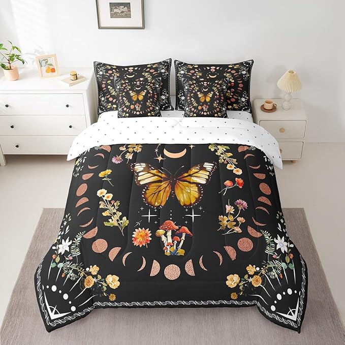 Feelyou Boho Butterfly Bedding Bed in a Bag with Comforter, Sun Moon Bedding Set with Comforter, Bohemian Mushroom Comforter for Women Men Wild Full Size 7Pcs Room Decor