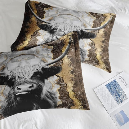 Comforter Set Full Size, Highland Cow Bull 3 Pcs Soft Bedding Set for Kids and Adults, Animal Farm Marble Comforter Set with 2 Pillowcases, for Bedroom Bed Decor