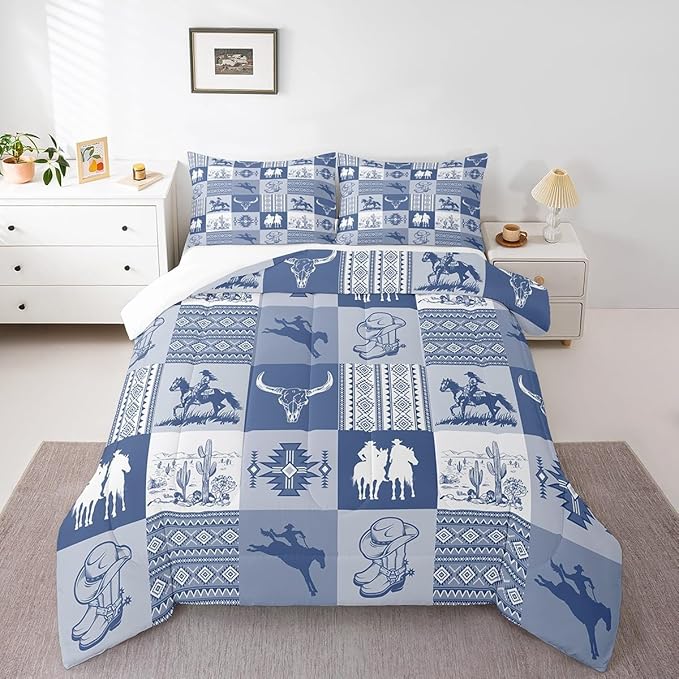 Western Cowboy Comforter Set Twin Size,Aztec Tribal Striped Bedding Set 2Pcs for Kids Teens Women Men Room Decor,Blue White Geometric Grid Quilt Set Vintage Rustic Duvet Insert,1 Pillowcase