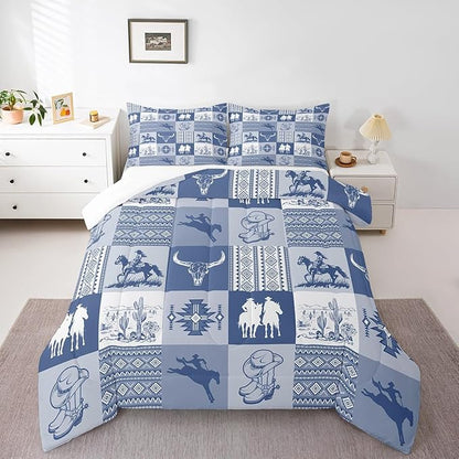 Western Cowboy Comforter Set Twin Size,Aztec Tribal Striped Bedding Set 2Pcs for Kids Teens Women Men Room Decor,Blue White Geometric Grid Quilt Set Vintage Rustic Duvet Insert,1 Pillowcase