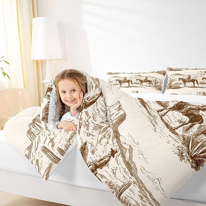 Wild West Comforter Set Full Cowboys Bedding For Man Teens Boy American Western Desert Hunting Horse Riding Bedding Comforter Sets Hand Drawn Illustration Mountain Cactus Room Decor Duvet Insert