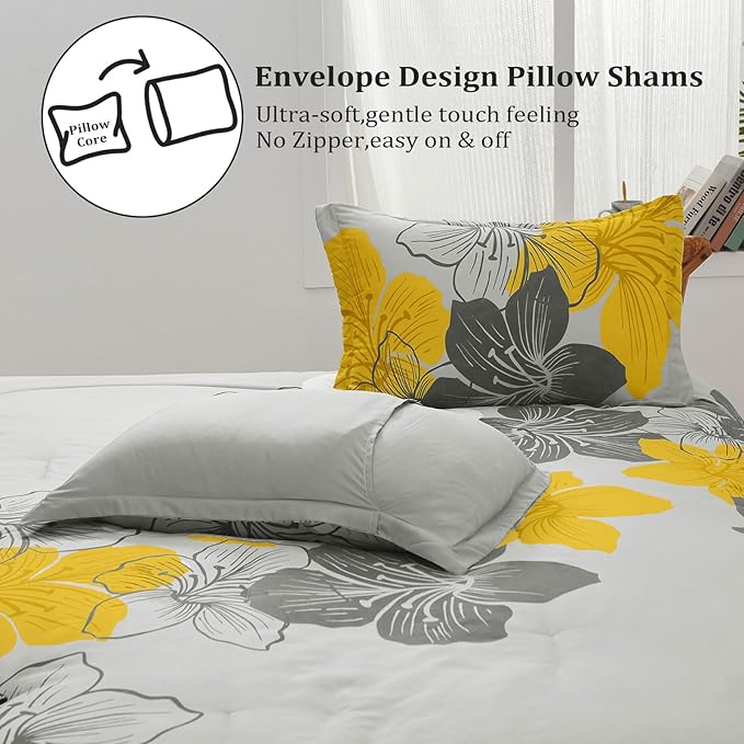 Menghomeus Floral Comforter Set Queen Yellow Floral Pattern Printed on Grey Soft Microfiber Bedding Set Lightweight Bed Set for All Season, 3 Piece (1 Comforter, 2 Pillowcases)