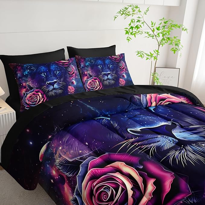 7 Pieces Lion Comforter Set Full，Rose Bedding Set Full,Animal Bedroom Decor (1 Comforter, 1 Flat Sheet, 1 Fitted Sheet, 2 Pillowcase and 2 Pillow Sham)