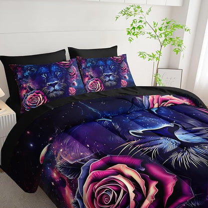 7 Pieces Lion Comforter Set Full，Rose Bedding Set Full,Animal Bedroom Decor (1 Comforter, 1 Flat Sheet, 1 Fitted Sheet, 2 Pillowcase and 2 Pillow Sham)