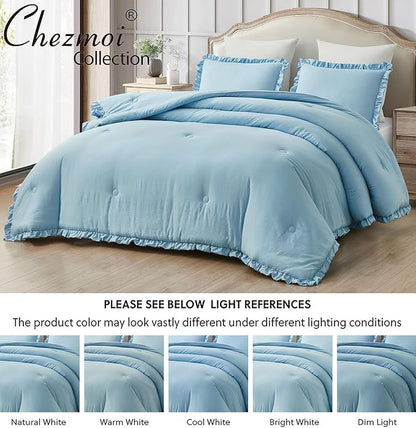 Chezmoi Collection Nora Chambray Blue Comforter Set Oversized Queen Size 3-Piece Fluffy Soft Lightweight Bedding Ruffled Edge Trim Stone-Washed Microfiber Comforter Set for All Season