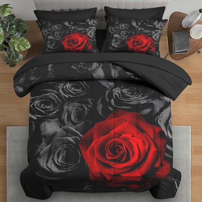 Comforter Set King Size, Red Rose Flower 7 Pcs Bedding for Kids and Adults, Summer Vintage Floral Bed Sheet Sets with Fitted Sheet 2 Pillowcases & 2 Shams for Bedroom Bed Decor