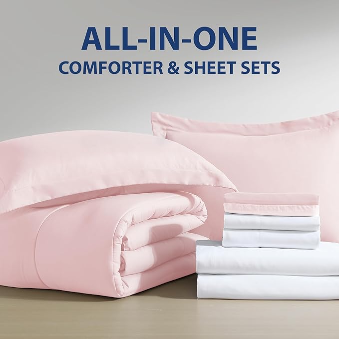 Cathay Home Basic Bedding Home Essential Ultra Soft Lightweight 8PC Wrinkle Resistant Microfiber Bed in a Bag Set (Includes Complete Sheet Set, Comforter Set & Bedskirt) - Twin, Rose Blush