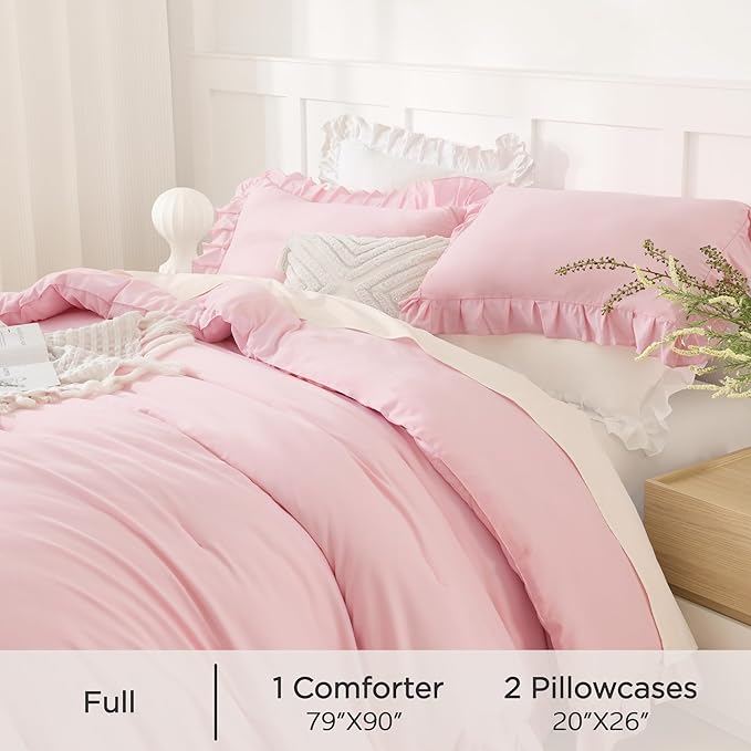 Andency Pink Comforter Set Full, 3 Pieces Lightweight Soft Rustic Pink Ruffle Comforter Women Girls, Solid Farmhouse Shabby Chic Microfiber Bedding Comforter Set
