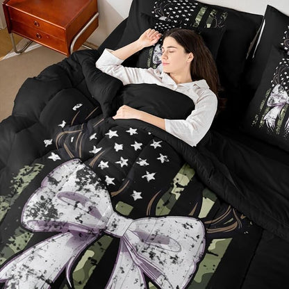 Erosebridal Deer King Comforter Set Elk Bowknot 7-Piece Bed in A Bag Bow Camouflage Antlers American Flag Sheets and Pillowcases Black White Bed Sets