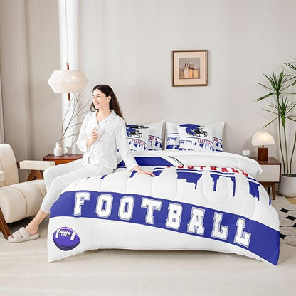 Erosebridal Football 7 Pcs Comforter Set King Football City Bedding for Kids Blue Grey Football Fans Sheet Set Bed in A Bag Rugby Game Bedroom Decor Sports Ball Competition Bed Set
