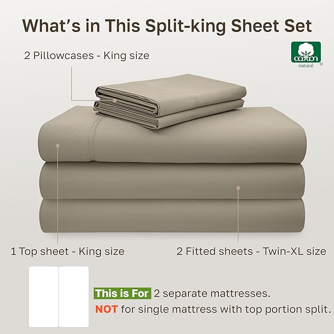 California Design Den Split King Sheet Set - 100% Cotton, 600 Thread Count, Breathable Luxury King Size Sheets for Adjustable Bed, Luxury Hotel-Quality Sheets with Soft Sateen Weave (Cool Taupe)