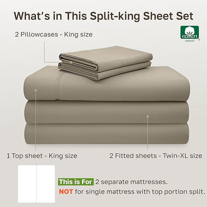 California Design Den Split King Sheet Set - 100% Cotton, 600 Thread Count, Breathable Luxury King Size Sheets for Adjustable Bed, Luxury Hotel-Quality Sheets with Soft Sateen Weave (Cool Taupe)