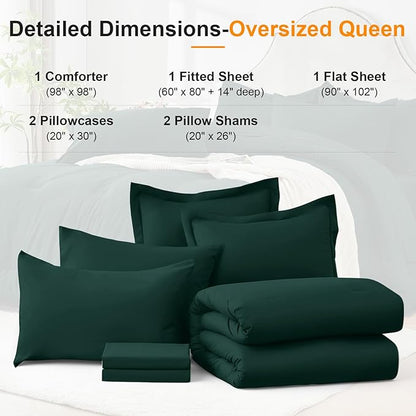 Oversized Queen Comforter Set 7 Piece - Soft Bed in a Bag Queen Size Comforter Sets, Cozy Bedding Sets with All Season Comforter, Flat Sheet, Fitted Sheet,2 Pillowcases & 2 Shams, Dark Green