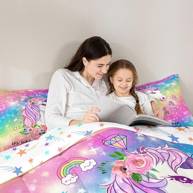 Unicorn Gifts for Girls,Kawaii Comforter Set Glitter Galaxy Bedding Set for Kids Toddler,Cartoon Magical Animal Duvet Insert Cute Horse Quilt Twin,Rainbow Unicorn Room Decor for Girls Bedroom
