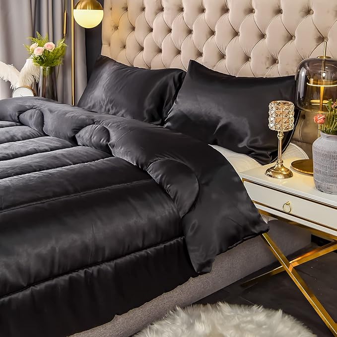 Dreamer Silk Like Black Satin Comforter Set - Queen Size, Silky Microfiber Filling, Down Alternative, Luxury Silky Bed Comforter 1 Comforter 2 Pillowcases