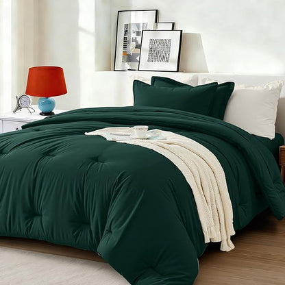 Twin Comforter Set 5 Piece - Soft Bed in a Bag Queen Size Comforter Sets, Cozy Luxury Bedding Sets with All Season Comforter, Flat Sheet, Fitted Sheet,Pillowcases & Shams, Dark Green