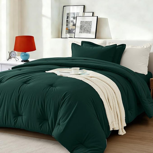 Twin Comforter Set 5 Piece - Soft Bed in a Bag Queen Size Comforter Sets, Cozy Luxury Bedding Sets with All Season Comforter, Flat Sheet, Fitted Sheet,Pillowcases & Shams, Dark Green