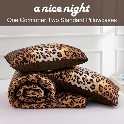 A Nice Night Leopard Printed，Satin Silky Soft Quilt Sexy Luxury Super Soft Microfiber Comforter Quilt Bedding Comforter Set Full/Queen, Light Weighted (Coffee, King(88-by-102-inches))