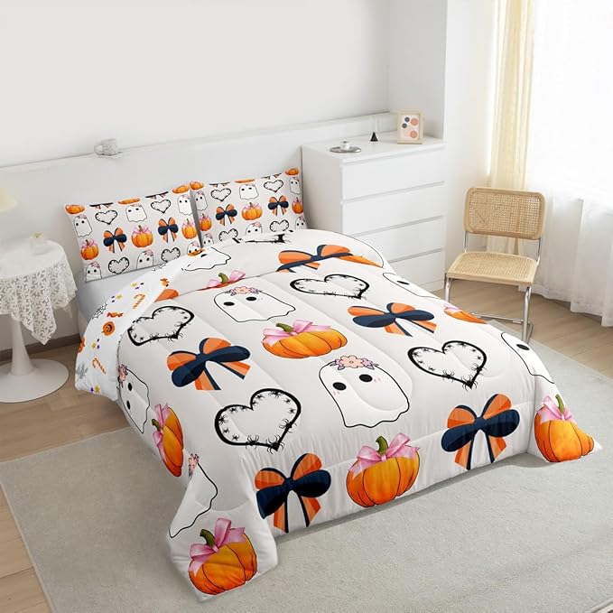 Erosebridal Fall Pumpkin Comforter Set Twin, Halloween Ghost Bedding Set, Bow Comforter for Kid Girls Teens Women Kawaii Room Decor, Black Love Heart Quilt with 1 Pillowcase