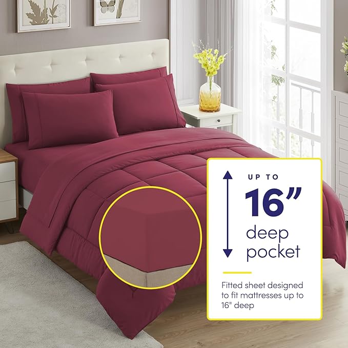Sweet Home Collection 7 Piece Comforter Set Bag Solid Color All Season Soft Down Alternative Blanket & Luxurious Microfiber Bed Sheets, Burgundy, Queen