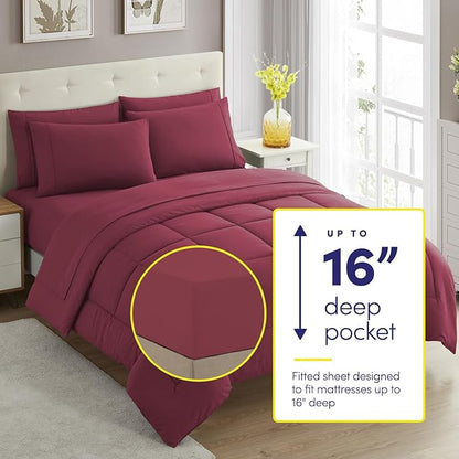 Sweet Home Collection 7 Piece Comforter Set Bag Solid Color All Season Soft Down Alternative Blanket & Luxurious Microfiber Bed Sheets, Burgundy, Twin XL