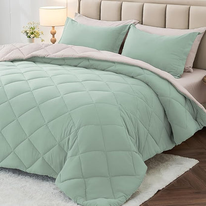 MUXHOMO 7 Pieces Queen Comforter Set, Reversible Bed in a Bag Queen Size, All Season Bedding Set with Comforter, Flat Sheet, Fitted Sheet, Pillowcases & Shams, Sage Green & Beige