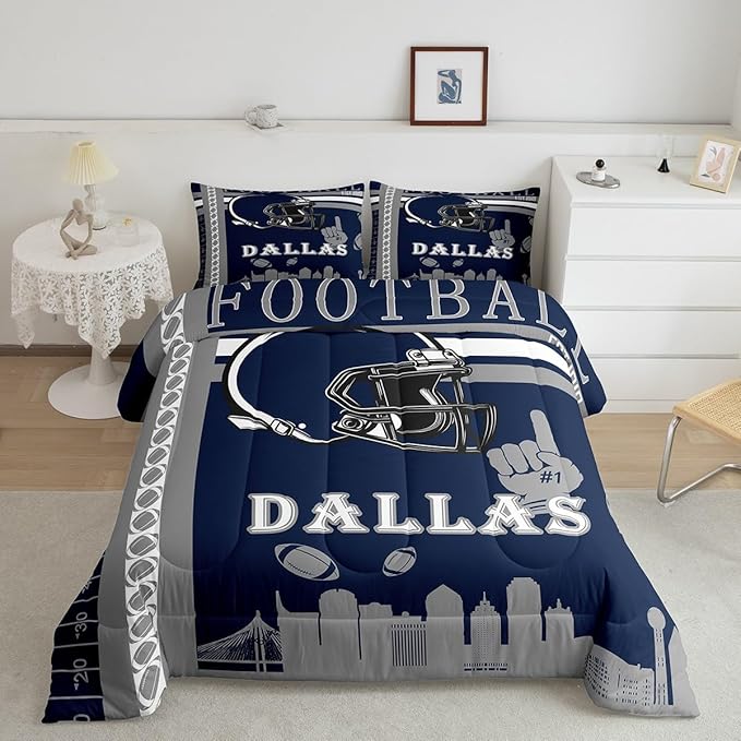 Feelyou Football Bedding Set Boys Girls Queen Size Women Men Rugby Sports Comforter Football City Duvet Quilt Gray Dark Blue Room Decor