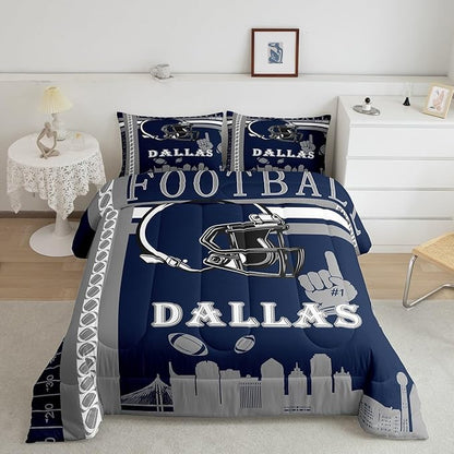 Feelyou Football Bedding Set Boys Girls Twin Size Women Men Rugby Sports Comforter Football City Duvet Quilt Gray Dark Blue Room Decor